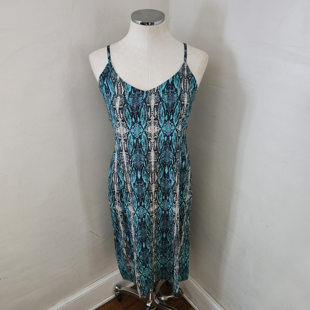 Hiatus Womens Teal Snakeskin Print Rayon Midi Slip Dress Size Medium V-Neck Slit